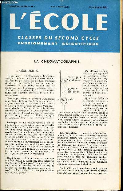 L'ECOLE - 13e anne - N1 - 20 septembre 1962 / LA CHROMATOGRAPHIE / etc...