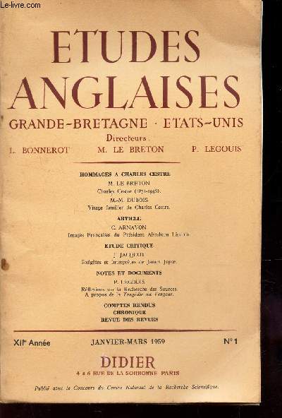 ETUDES ANGLAISES - GRANDES BRETAGNE - ETATS-UNIS / Hommage a Charles Cestre / Article / Etude critique / Notes et documents.