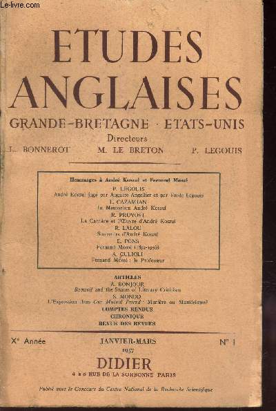 ETUDES ANGLAISES - GRANDES BRETAGNE - ETATS-UNIS / Xe anne - janv-mars / n)1 / HOMMAGE A ANDRE KOSZUL ET FERNAND MOSSE.