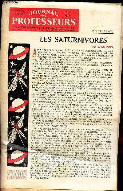 JOURNAL DES PROFESSEURS - N28 - 5 avril 1958 / LES SATURNIVORES / Langage des animaux / LES REPTILES / L'avenir industriel du Jutland occidental / etc...
