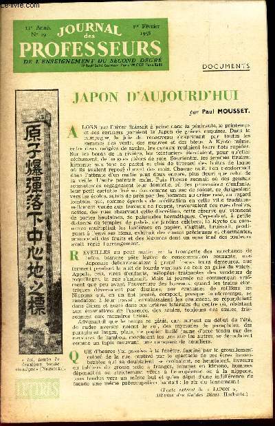 JOURNAL DES PROFESSEURS - N19 - 1er fev 1958 / JAPON D'AUJOURD'HUI / VIVE LES FRANCAIS! / UNE LECON INOUBLIABLE / Visage de Napoleon / L'ETAT CIVIL etc...