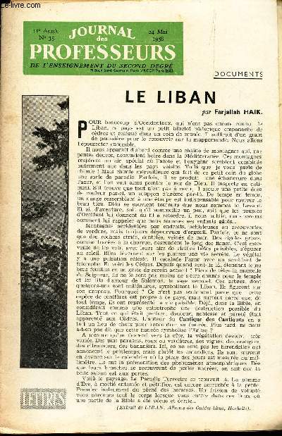 JOURNAL DES PROFESSEURS - N35 - 24 mai 1958 / LE LIBAN / Le commentaire de textes / etc...