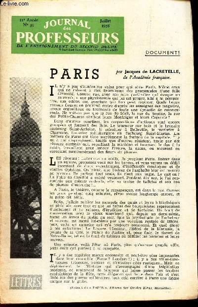 JOURNAL DES PROFESSEURS - N39 - juillet 1958 / PARIS / LES MOTS ET LA PENSEE / LEGION D'HONNEUR / Le disque dans la classe de francais : LA FONTAINE etc...