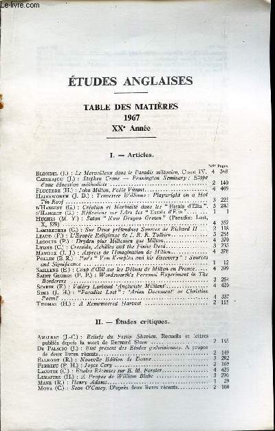 ETUDES ANGLAISQES - TABLES DES MATIERES 1967 - XXe ANNEE.