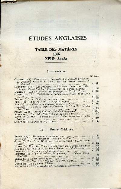 ETUDES ANGLAISQES - TABLES DES MATIERES 1965 - XVIIIe ANNEE.