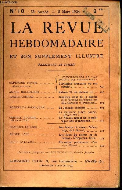 LA REVUE HEBDOMADAIRE -N10 - 8 mars 1924 / Conferences de 