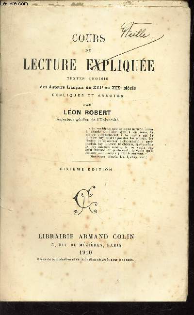 COURS DE LECTURE DEXPLIQUEE - Textes choisis des auteurs francais du XVIe au XIXe siecle -