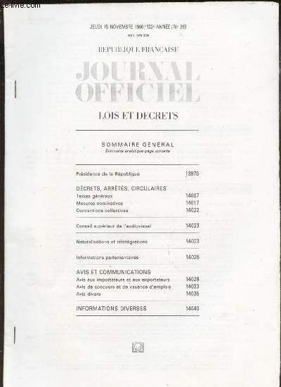 JOURNAL OFFICIEL - LOIS ET DECRETS / Jeudi 15 nov 1990 - 122e anne - N265 .