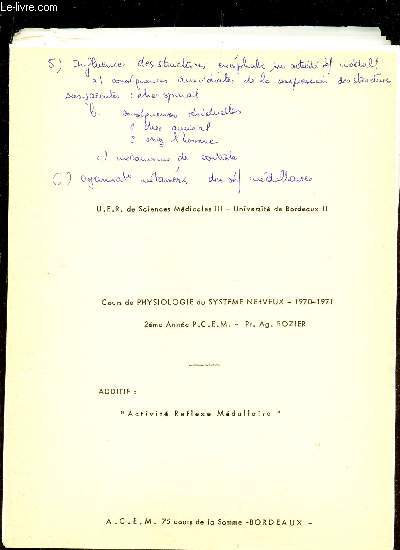 COURS DE PHYSIOLOGIE DU SYSTEME NERVEUX - 1970-71. / ADDITIF 
