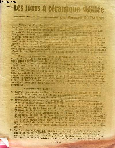 LOT DE DOCUMENTS : Fours a cramique sigille + LA cramique orne a la molette a Plassac + Et Gallo-romain de Plassac + nombreux plans calques.