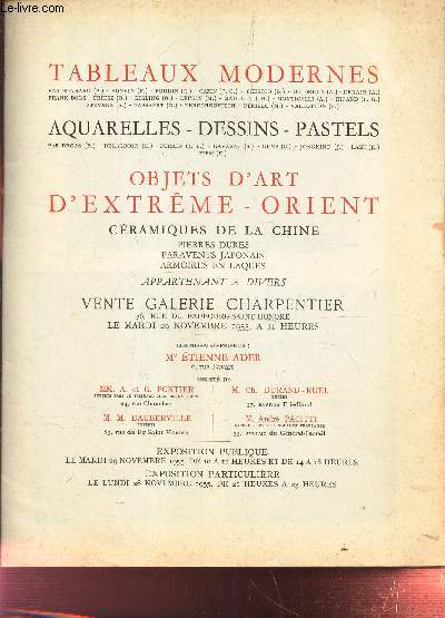 CATALOGUE DE VENTE AUX ENCHERES : TABLEAUX MODERNES - OBJETS D'ART D'EXTREME-ORIENT - GALERIE CHARPENTIER - Novembre 1955
