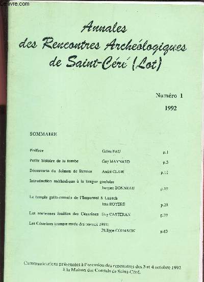 ANNALES DES RENCONTRES ARCHEOLOGIQUES DE SAINT CERE (LO) - NUMERO 1 - 1992.