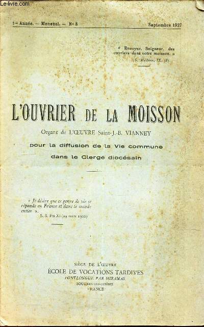 L'OUVRIER DE LA MOISSON - N8 - SEPTEMBRE 1927 / LA PAGE DE SEMINARISTES - L'AME COMMUNE.
