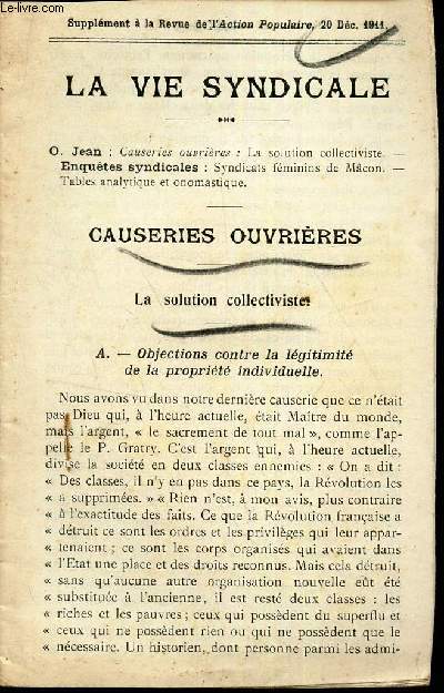 LA VIE SYNDICALE - CAUSERIES OUVRIERES / Supplement a la Revue de l'ACTION POPULAIRE - 20 DEC 1911.
