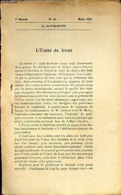 L'UNITE DE FRONT / EXTRAIT DE L'AVENIR - N69 - MARS 1922.