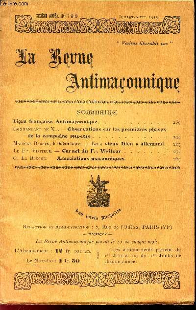 LA REVUE ANTIMACONNIQUE - N7 et 8 - juil-aout 1915 / Ligue francaise antimaconnique / Observations sur les premieres phases de la campagne 1914-1915 / Le 