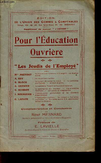 POUR L'EDUCATION OUVRIERE - LES JEUDIS DE L'EMPLOYE. / SUPPLEMENT DU JOURNAL 