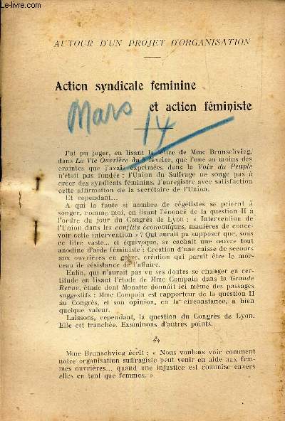ACTION SYNDICALE FEMININE ET ACTION FEMINISTE / EXTRAIT DE LA REVUE 