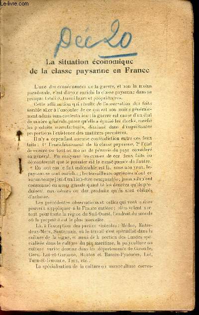 LA SITUATION ECONOMIQUE DE LA CLASSE PAYSANNE EN FRANCE- EXTRAIT DE 