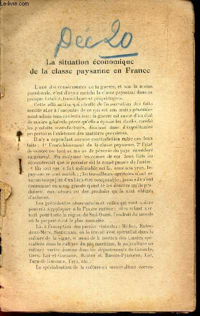 LA SITUATION ECONOMIQUE DE LA CLASSE PAYSANNE EN FRANCE- EXTRAIT DE 