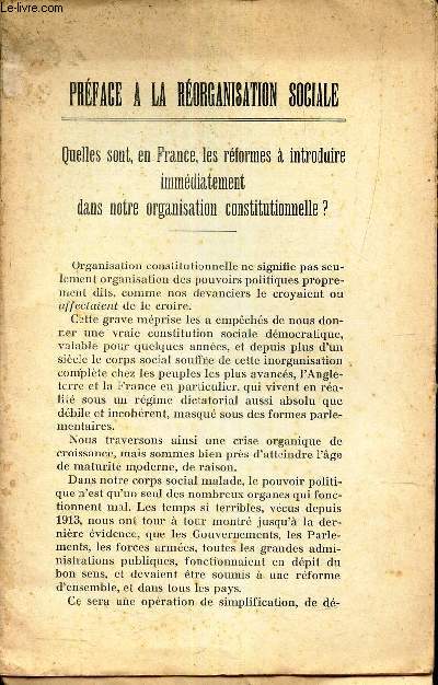 PREFACE DE LA REORGANISATION SOCIALE - quelles sont, en France, les reformes  introducire immdiatement dans notre organisation constitutionnelle?.