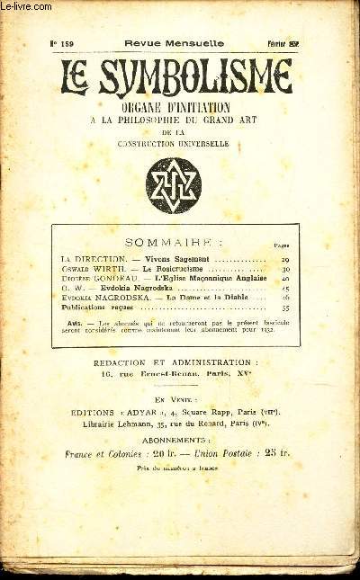 LE SYMBOLISME - N159 - fev 1932 / Vivons sagement / Le rosicrucisme /L'Eglise maconnique anglaise / Evdokia Nagrodska/ L dame et le diable / Publications recues.