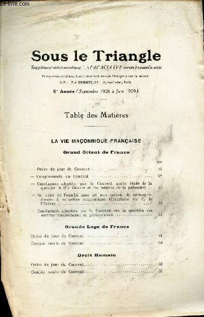 SOUS LE TRIANGLE - supplement  l'ACACIA, (VIe anne) - TABLE DES MATIERES (6e anne (septembre 1928 - juin 1929)
