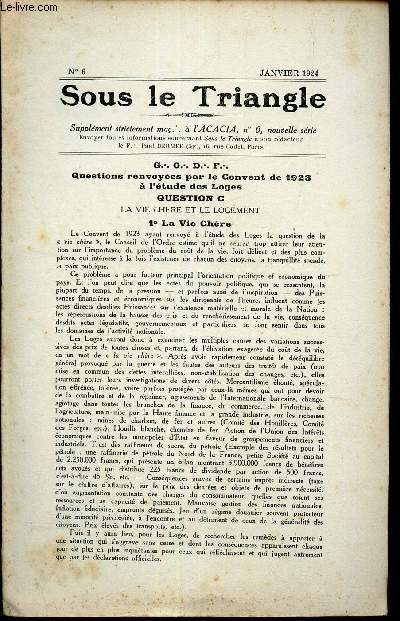 SOUS LE TRIANGLE - supplement  l'ACACIA, N6 - janv 1924 - GODF - Questions renvoyes par le convent de 1923 a l'etude des Loges - questions c - la vie chere et le logement...