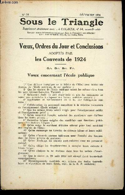 SOUS LE TRIANGLE - supplement  l'ACACIA, N14 - dec 1924 / VOEUX, ORDRES DU JOURS ET CONCLUSIONS ADOPTES PAR LE CONVENTS DE 1924. / Voeux concernant l'ecole publique ...