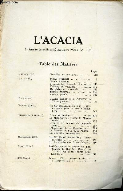 l'ACACIA, TABLE DES MATIERES - 6e ANNEE (nuvelle serie) - septembre 1928  Juin 1929.