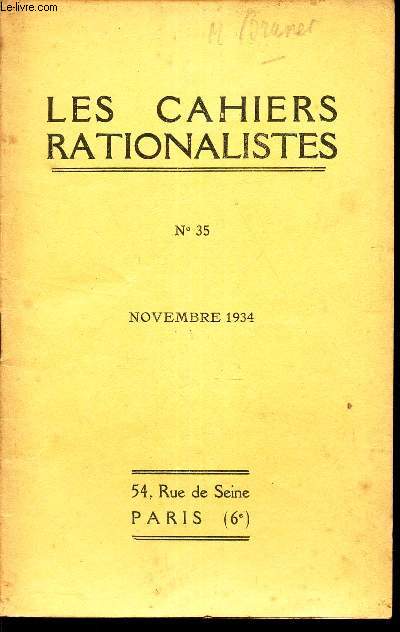 LES CAHIERS RATIONALISTES - N35 - novembre 1934 / Morale Bergonnienne et Rationnaisme / etc...