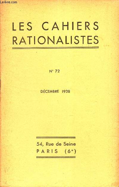LES CAHIERS RATIONALISTES - N72 - decembre 1978 /PAUL COUDERC - LES NEBULEUSES / ACTIVITE DES SECTIONS / TABLES DES MATIERES DU TOME VII.