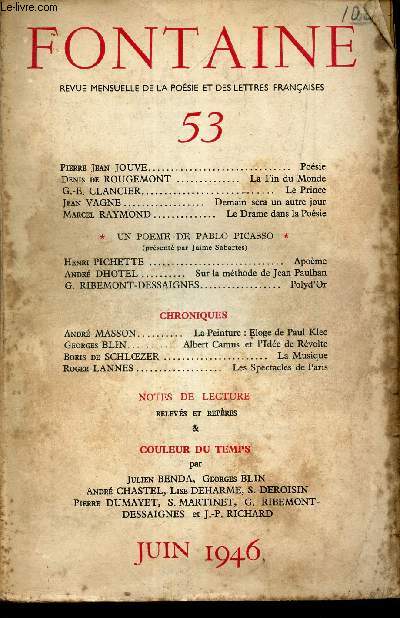 FONTAINE - N53 - JUIN 1946 /POESIE / LA FIN DU MONDE / LE PRINCE / DEMAIN SERA UN AUTRE JOUR / LA DRAME DANS LA POESIE etc...