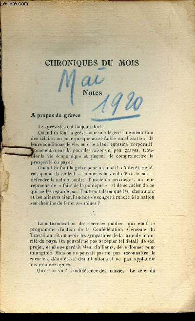 A PROPOS DES GREVES - EXTRAIT DE L'AVENIR - MAI 1920 - 5e anne.