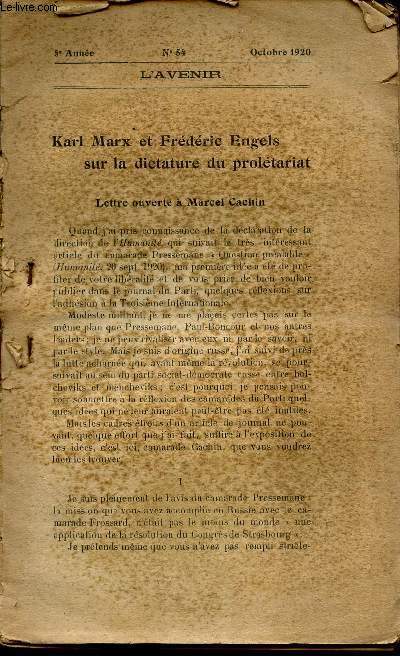 KARL MARX et FREDERIC ENGELS sur la dictature du PROLETARIAT - EXTRAIT DE L'AVENIR - N54 - OCTOBRE 1920 - 5e anne.
