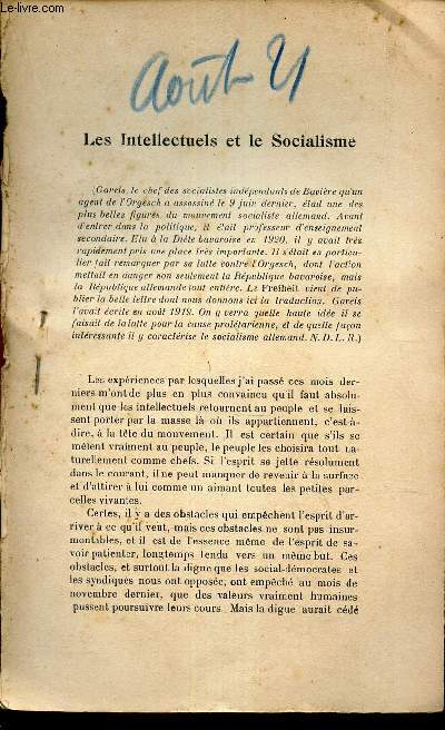 LES INTELLECTUELS ET LE SOCIALISME - EXTRAIT DE L'AVENIR - N? - AOUT 1921 - 6e anne.
