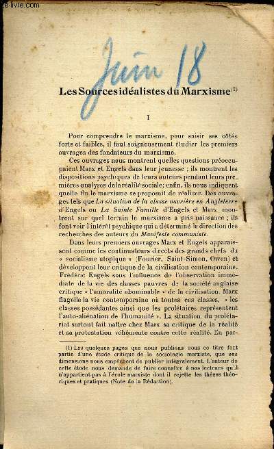 LES SOURCES IDEALISTES DU MARXISME - EXTRAIT DE L'AVENIR - N? - JUIN 1921 - 6e anne.