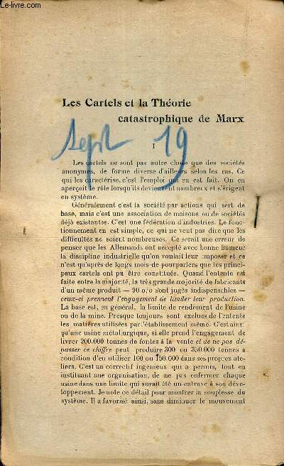 LES CARTELS ET LA THEORIE CATASTROPHIQUE DE MARX - EXTRAIT DE L'AVENIR - N? - SEPTEMBRE 1919.