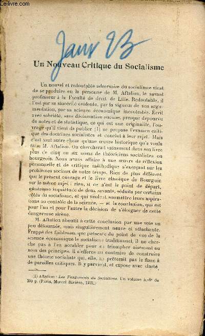 UN NOUVEAU CRITIQUE DU SOCIALISME - EXTRAIT DE L'AVENIR - N52 - JANVIER 1923 - 8e anne.