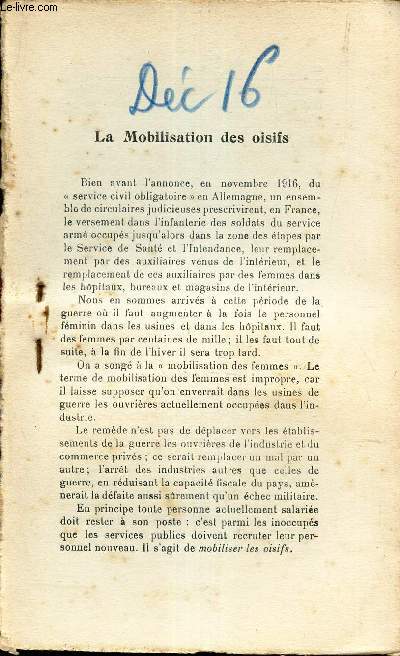 LA MOBILISATION DES OISIFS - EXTRAIT DE L'AVENIR - N7 - DECEMBRE 1916.