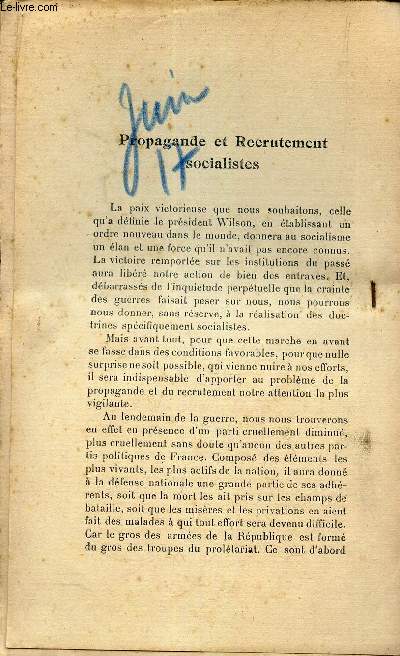 PROPAGANDE ET RECRUTEMENT SOCIALISTES- EXTRAIT DE L'AVENIR - N27 - JUILLET 1917.