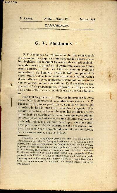 G.V. PLEKHANOV - EXTRAIT DE L'AVENIR - N27 -JUILLET 1918.- 3e anne.