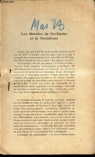 LES THEORIES DE DURKHEIM ET LE SOCIALISME - EXTRAIT DE L'AVENIR - N? - MAI 1923.