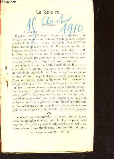 LE SALAIRE - EXTRAIT DE DOCUMENTS./ 15 AOUT 1910.