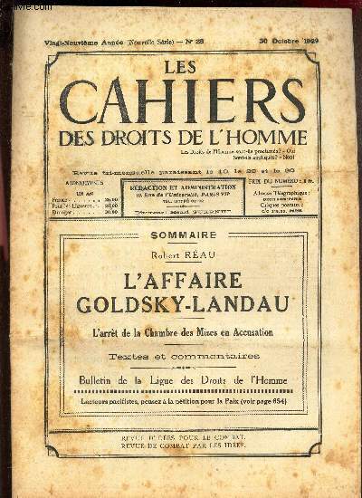LES CAHIERS DES DROITS DE L'HOMME - N28 - 30 octobre 1929 / Robert REAU - L'AFFAIRE GOLSKY-LANDAU - L'arret de la Chambre des Mises en Accusation - textes et commentaires.
