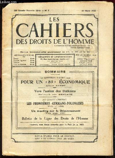 LES CAHIERS DES DROITS DE L'HOMME - N7 - 10 mars 1932 / POUR UN 