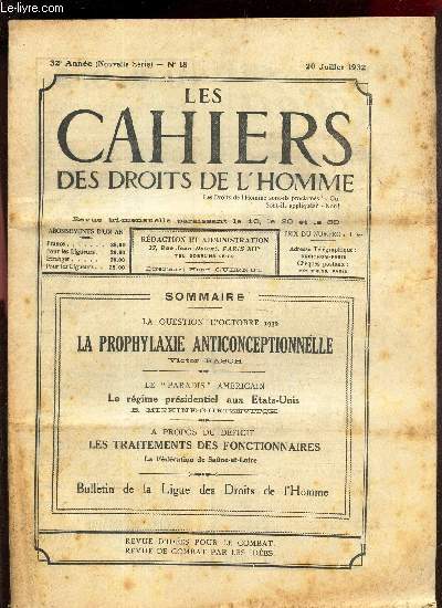 LES CAHIERS DES DROITS DE L'HOMME - N18 - 20 juillet 1932 / LA PROPHYLAXIE ANTICONCEPTIONNELLE / LE PARADIS 