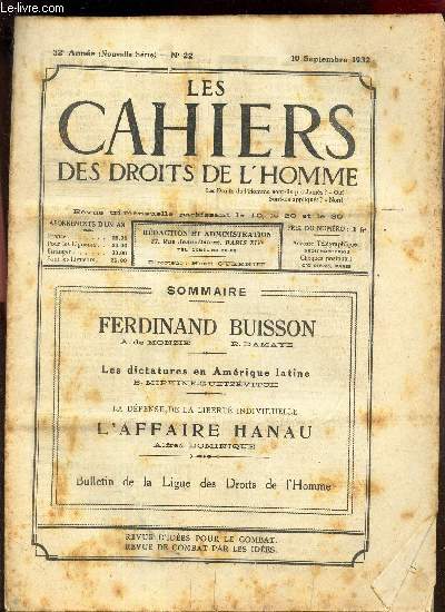 LES CAHIERS DES DROITS DE L'HOMME - N22- 10 septembre 1932 /