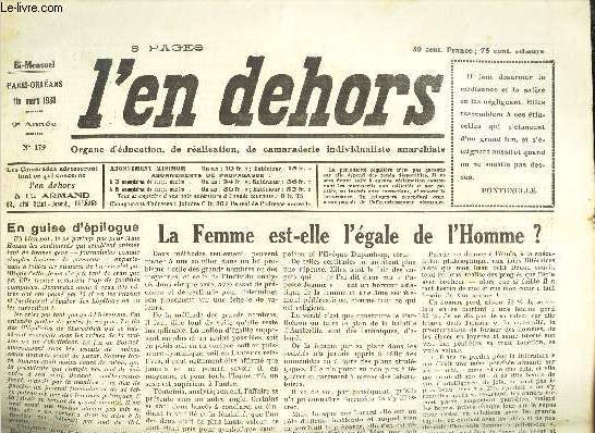 L'EN DEHORS - N179 - FIN MARS 1930 - LA FEMME EST-ELLE L'EGALE DE L'HOMME - LES COLONIES COMMUSNISTES ET COOPERATIVES .. ETC