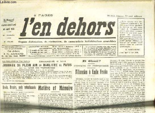 L'EN DEHORS - N180-181 - MI-AVRIL 1930 - MATIERE ET MEMOIRE - LA KAVERNO DI ZARATUSTRA.. ETC